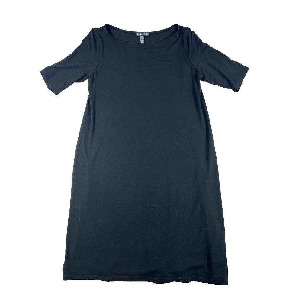 Eileen Fisher Black Jersey T-Shirt Dress XS Short Sleeve Knee Length Minimalist
